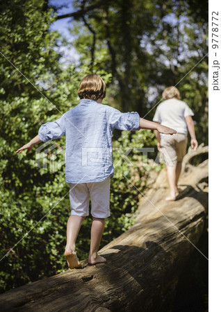 Two boys camping in the New Forest. Walking along a log above the water, balancing with their arms outstretched. Two boys camping in the New Forest. Walking along a log above the water, balancing with their arms outstretched. 9778772