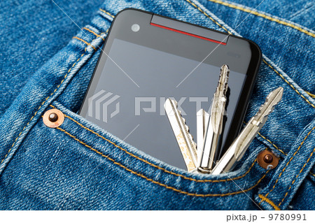 Blue jean pocket with mobile and key 9780991