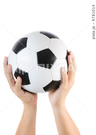 Human hand raising soccer ball 9781014