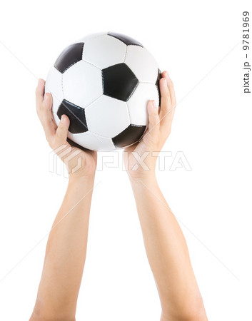 Hands holding soccer ball isolated on white 9781969