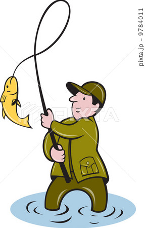 fisherman fly fishing reeling fish 9784011