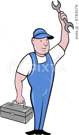 mechanic with spanner wrench standing toolbox 9784076