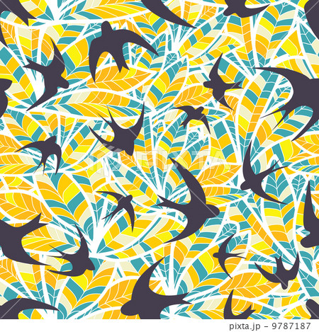 swallow silhouette on abstract colored feathers 9787187