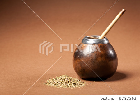 calabash and bombilla with yerba mate isolated on brown backgrou 9787563
