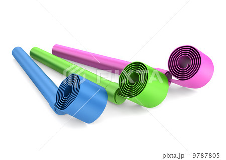 three color party whistles isolated on white background 9787805