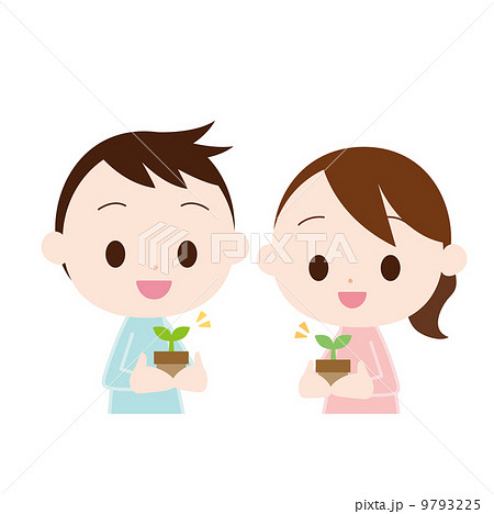 鉢植えを持つ男女　芽が出る 9793225