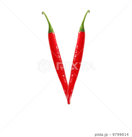 Font made of hot red chili pepper isolated on white - letter V Font made of hot red chili pepper isolated on white - letter V 9799014