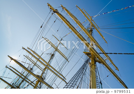 Mast with sails of an old sailing vessel 9799531