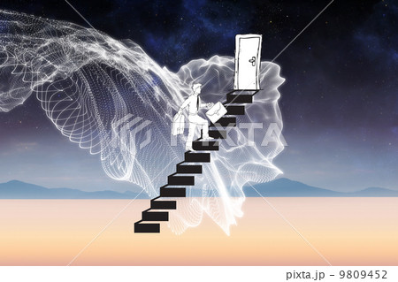 Composite image of businessman climbing the stairs to door 9809452