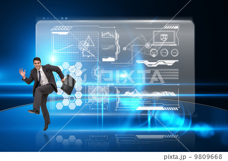 Composite image of happy businessman in a hury 9809668