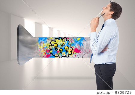 Composite image of thinking businessman holding pen Composite image of thinking businessman holding pen 9809725