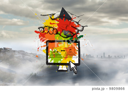 Composite image of business video chat on paint splashes 9809866