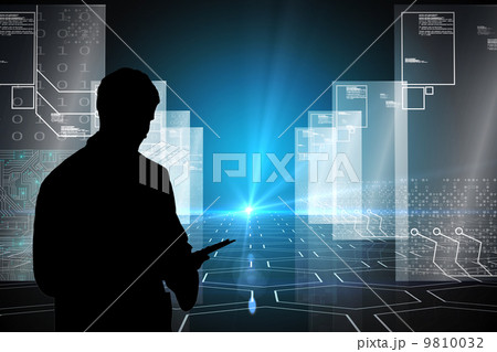 Composite image of hologram on black background with hexagon pat 9810032