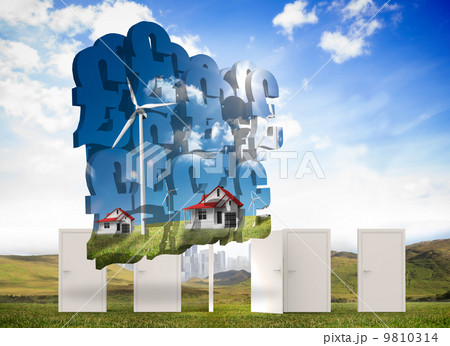 Composite image of houses with wind turbines on abstract screen 9810314