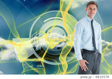 Composite image of smiling businessman standing with hand in poc 9810576