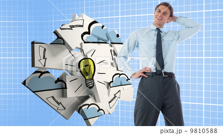 Composite image of thinking businessman with hand on head 9810588