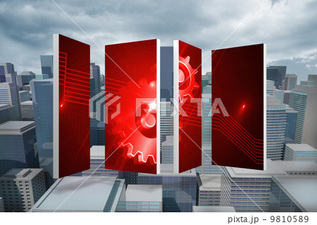 Composite image of cog and wheels on abstract screen 9810589