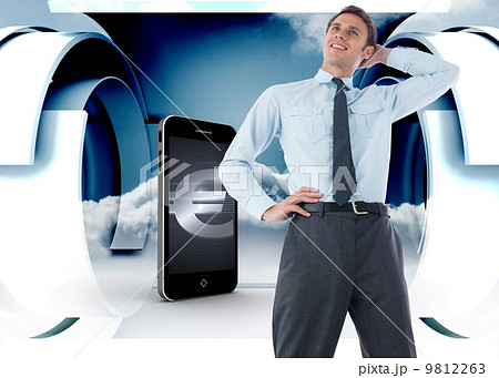 Composite image of thinking businessman with hand on head 9812263