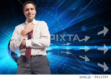 Composite image of thoughtful businessman holding pen to chin 9812393