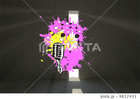 Composite image of microphone on paint splashes Composite image of microphone on paint splashes 9812433