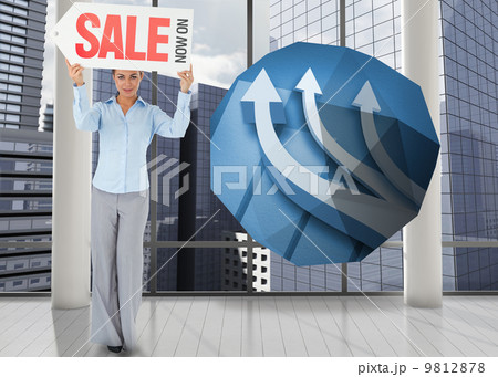 Composite image of businesswoman holding sign above her head Composite image of businesswoman holding sign above her head 9812878