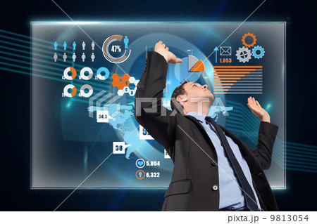 Composite image of businessman posing with arms raised 9813054