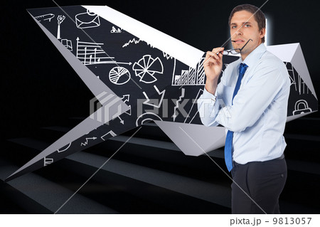 Composite image of thinking businessman biting glasses 9813057