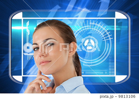 Composite image of side view of thinking young businesswoman 9813106