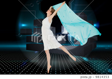 Composite image of young beautiful female dancer with blue scarf 9814353