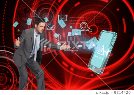 Composite image of businessman standing with arms out 9814420