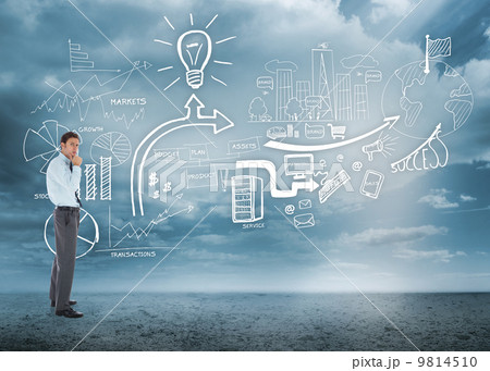 Composite image of thoughtful businessman with hand on chin 9814510