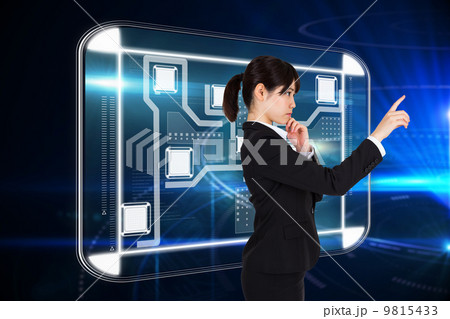 Composite image of thoughtful businesswoman pointing 9815433