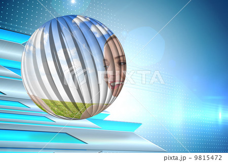 Composite image of smiling woman in field on abstract screen 9815472