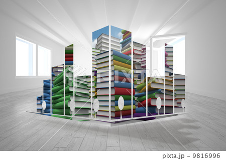 Composite image of piles of books on abstract screen 9816996