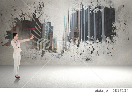 Composite image of thoughtful asian businesswoman pointing 9817134
