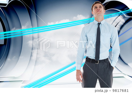 Composite image of serious businessman standing with hand in poc Composite image of serious businessman standing with hand in poc 9817681