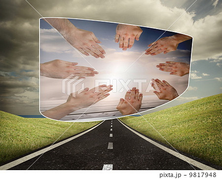 Composite image of hands together on abstract screen 9817948
