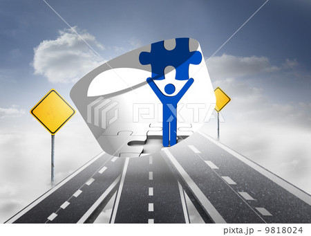 Composite image of figure holding jigsaw piece on abstract scree 9818024