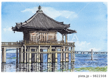 水彩画　浮御堂 9822308