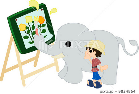 花の絵を描く象と、見守る象使い。 9824964