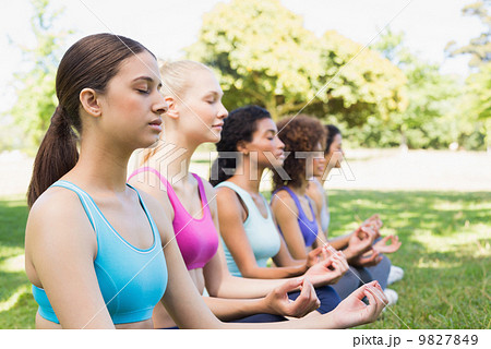 Friends meditating in lotus position Friends meditating in lotus position 9827849