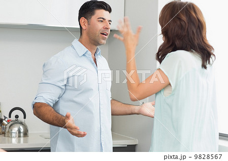 Side view of a couple quarreling in kitchen 9828567