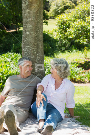 Relaxed couple sitting together against tree at park 9830822