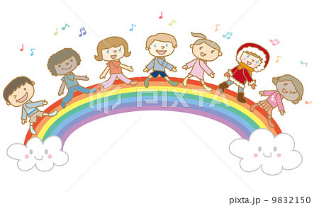 虹の上を行進する世界の子供達のイラスト素材