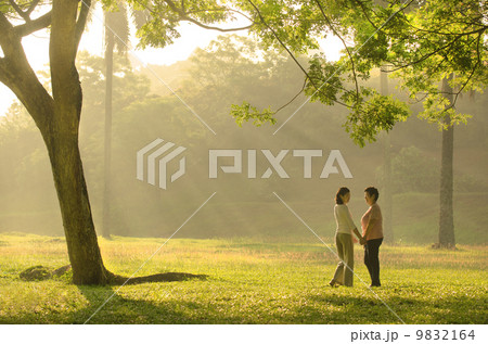 mother and daughter walking in the park and holding hands during 9832164