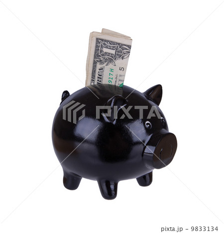 Piggy bank with one dollar bill 9833134