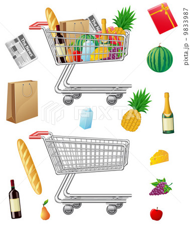 shopping cart with purchases and foods 9833987