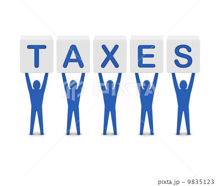 Men holding the word taxes. Concept 3D illustration. 9835123