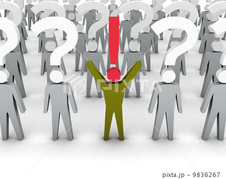 One man with exclamation mark and a lot of men with question marks. Concept 3D illustration. One man with exclamation mark and a lot of men with question marks. Concept 3D illustration. 9836267