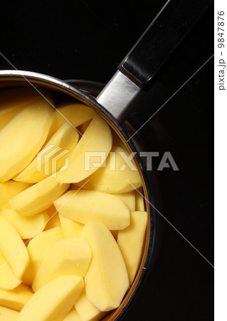 Raw peeled potatoes in pan Raw peeled potatoes in pan 9847876